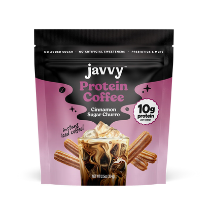 Javvy Cinnamon Sugar Churro flavored protein coffee with premium whey protein