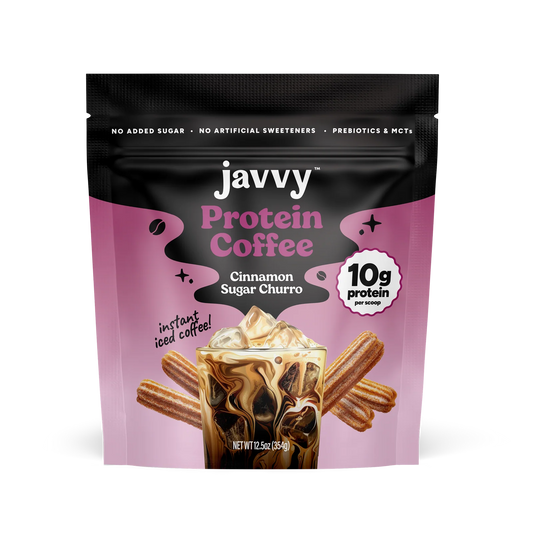 Javvy Cinnamon Sugar Churro flavored protein coffee with premium whey protein