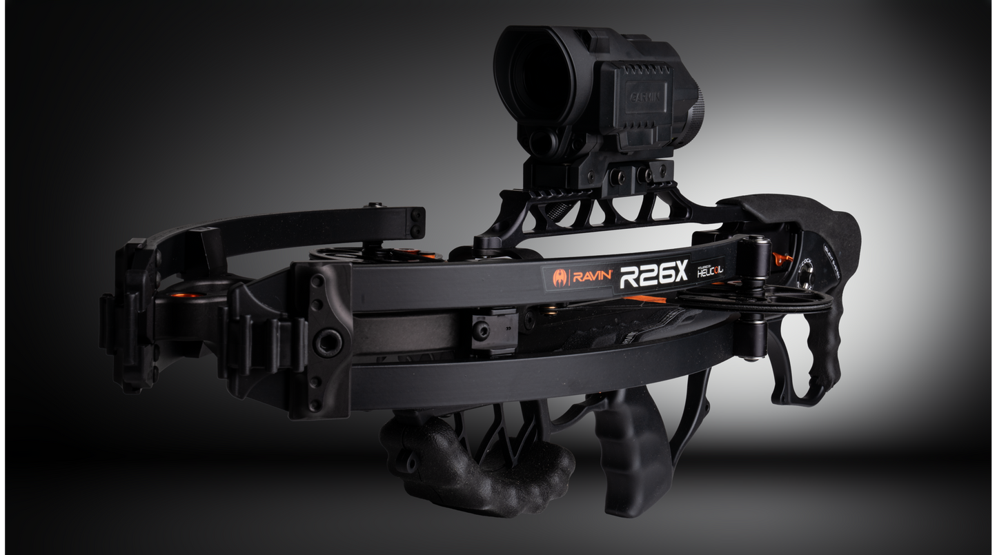 Ravin Integrated Xero X1i crossbow scope by Garmin with built-in rangefinder and digital aimpoints mounted on Ravin crossbow