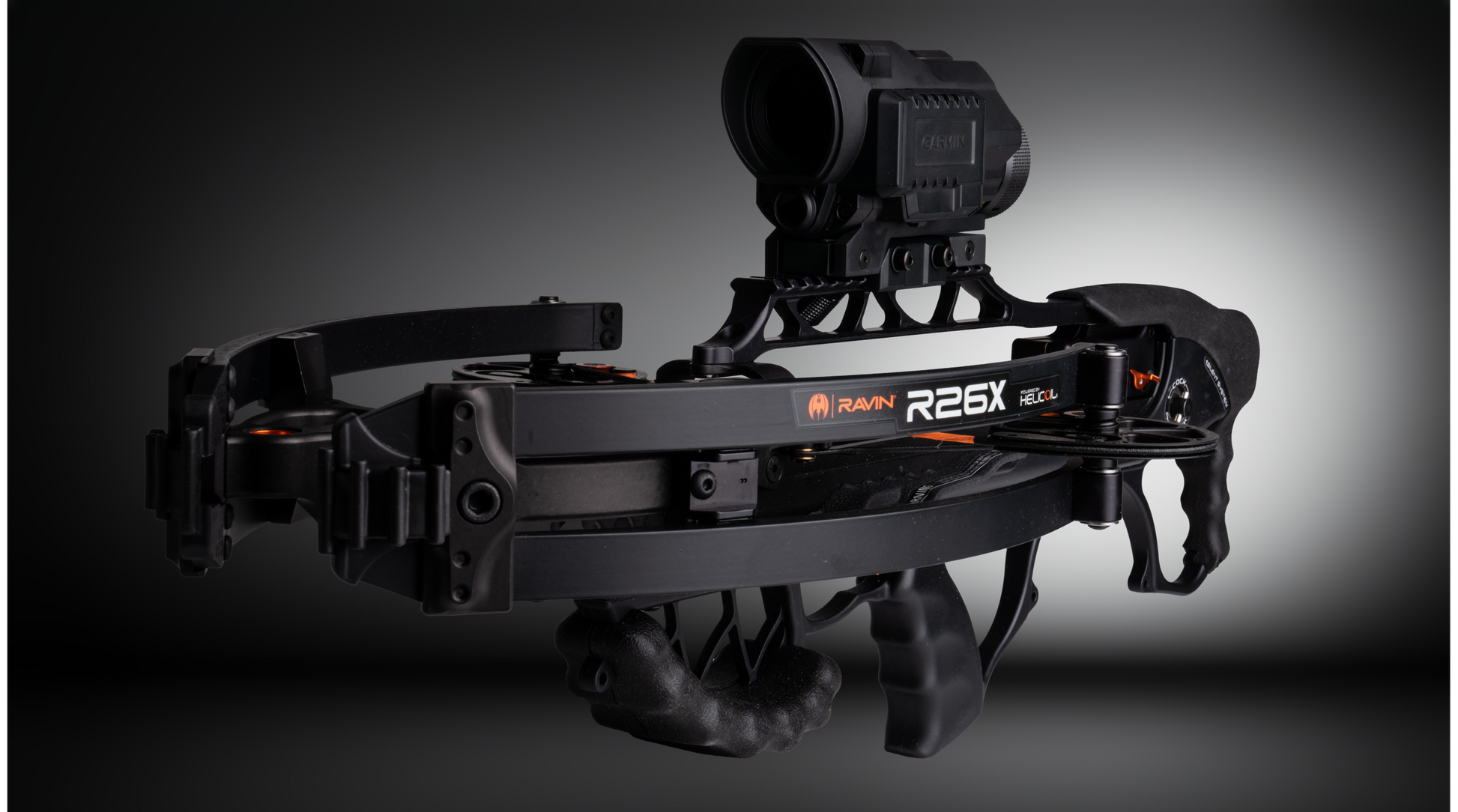 Ravin Integrated Xero X1i crossbow scope by Garmin with built-in rangefinder and digital aimpoints mounted on Ravin crossbow