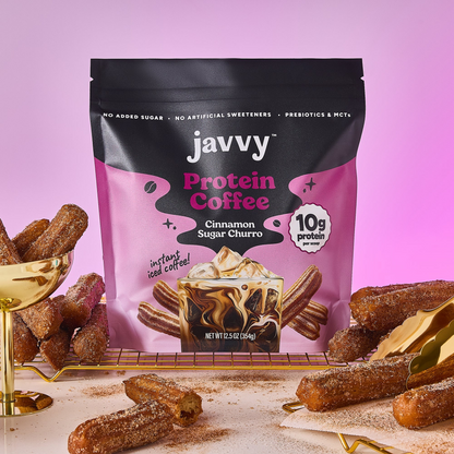 Javvy Cinnamon Sugar Churro flavored protein coffee with premium whey protein