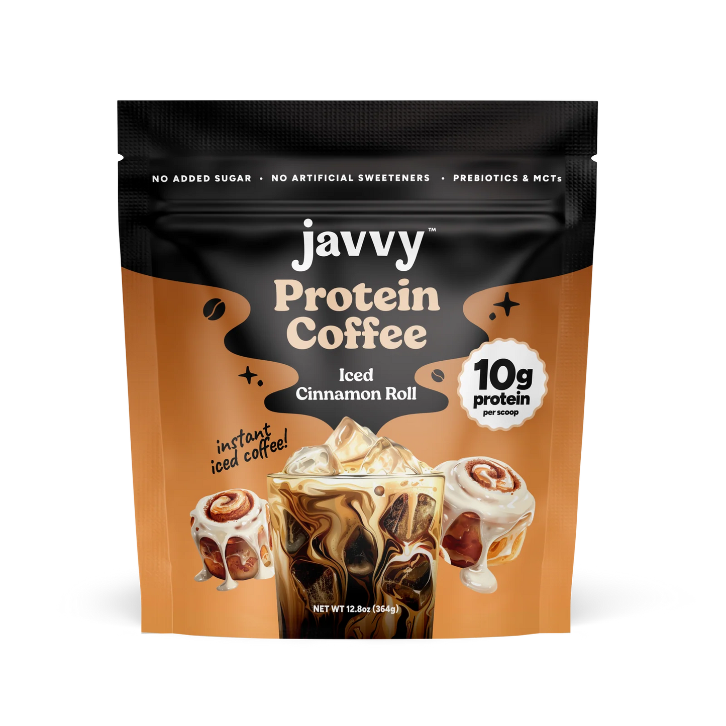 Javvy Iced Cinnamon Roll flavored protein coffee with sweet icing and premium whey protein
