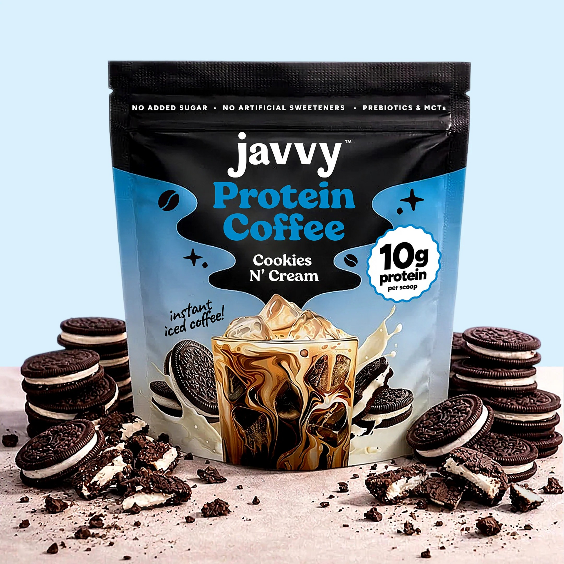 Javvy Cookies N Cream flavored protein coffee with premium whey protein