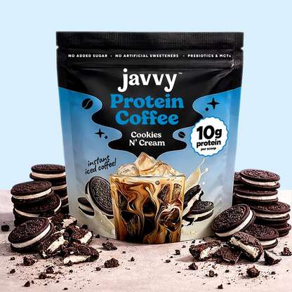 Javvy Cookies N Cream flavored protein coffee with premium whey protein