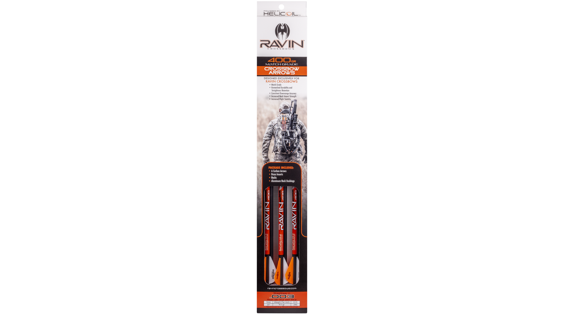 Ravin .003 crossbow arrows 6-pack 400 grain 100% carbon construction with offset vanes and polymer nocks

