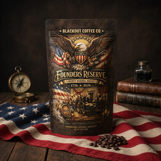 Blackout Coffee Founders Reserve Liberty Barrel Roast — bourbon barrel aged whole bean Nicaragua coffee, medium roast, vanilla caramel toasted oak flavor, limited anniversary release